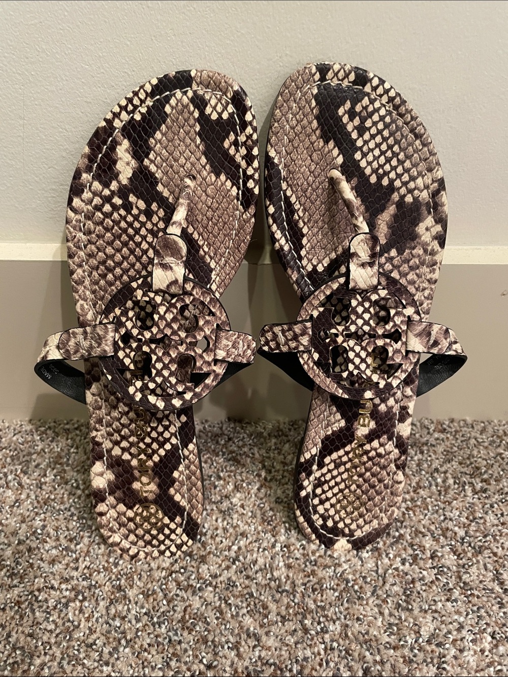 Tory Burch Snake-Print Miller Thong Sandals in Brown and Cream